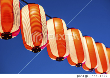 close up of red japanese paper laterns. 44491355