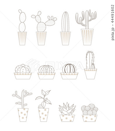 いろんな形のサボテン 線画のイラスト素材