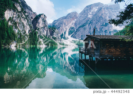 Beautiful view of Lago di Braies or Pragser wildsee, Italy. 44492348