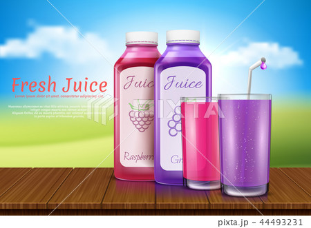 illustration of realistic juice bottles, glass. Cup, plastic transparent containers. Poster, banner 44493231