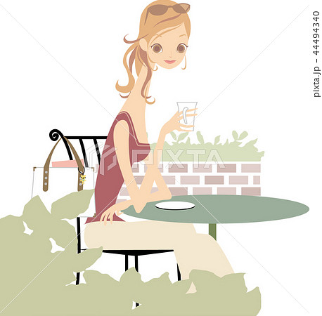 屋外カフェと女性のイラスト素材