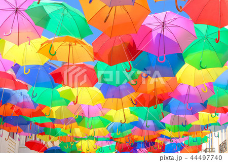 ポルトガル カラフルな傘 アゲダ Aguedaの写真素材