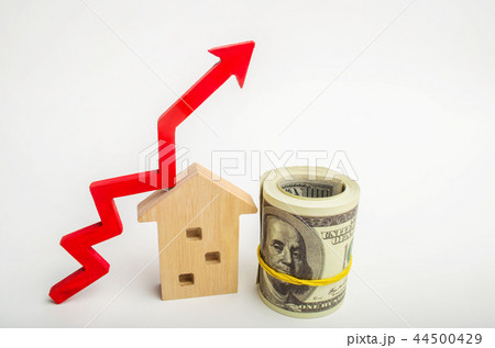 wooden house with a red arrow up. concept 44500429