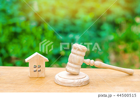 A miniature wooden house and a hammer 44500515