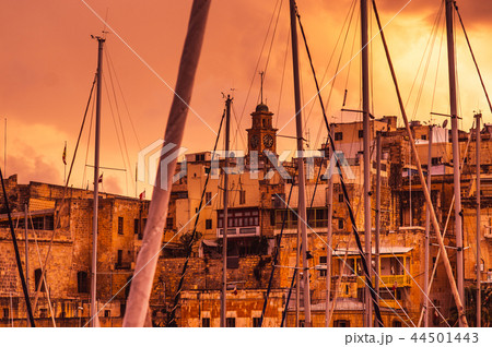 Pink evening in Senglea and Clock tower  44501443