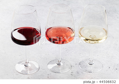 Red, rose and white wine glasses Red, rose and white wine glasses 44506632