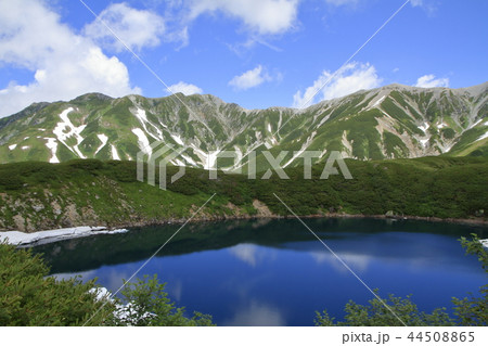 残雪が残る夏のみくりが池と立山連峰 44508865