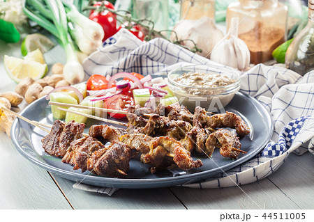 Pork satay with peanut sauce and vegetables 44511005