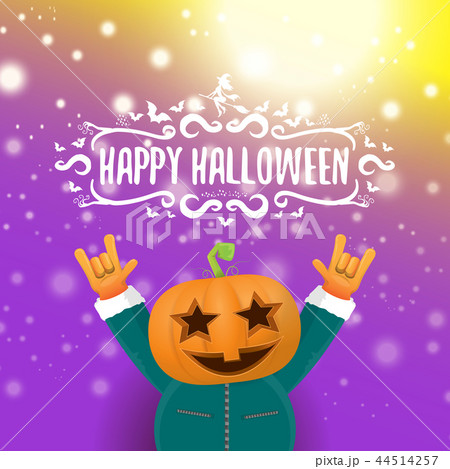 vector Happy halloween hipster party background. man in halloween costume with carved pumpkin head 44514257