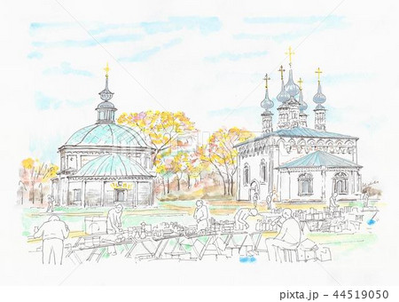 世界遺産の街並み ロシア スズダリのフリーマーケットのイラスト素材