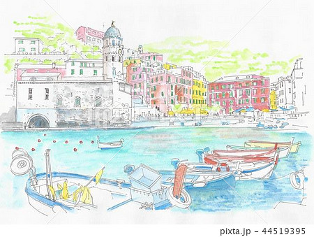 世界遺産の街並み イタリア チンケッテレ ベルナッツアの船着場のイラスト素材
