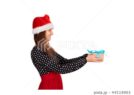 woman in dress and christmas hat isolated on white woman in dress and christmas hat isolated on white 44519903