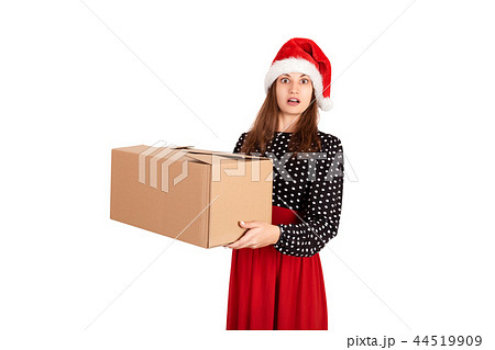 woman in dress and christmas hat isolated on white woman in dress and christmas hat isolated on white 44519909