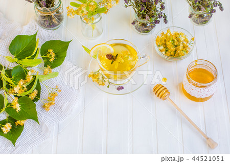 Linden inflorescences, herbal tea, view from high Linden inflorescences, herbal tea, view from high 44521051