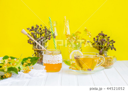 Linden inflorescences, herbal tea, view from high  44521052