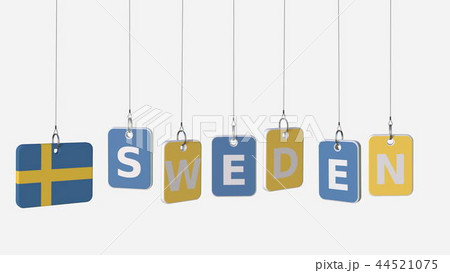 SWEDEN caption and Swedish flag on swinging plates, 3D rendering 44521075