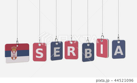 SERBIA caption and Serbian flag on swinging plates, 3D rendering SERBIA caption and Serbian flag on swinging plates, 3D rendering 44521096