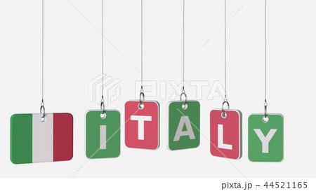 ITALY caption and Italian flag on swinging plates, 3D rendering ITALY caption and Italian flag on swinging plates, 3D rendering 44521165