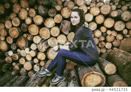 wooden log background and girl wooden log background and girl 44521735