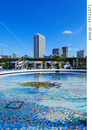 ウォーターテーブルのカラフルな睡蓮と高層ビル　食と緑の空中庭園 44521871