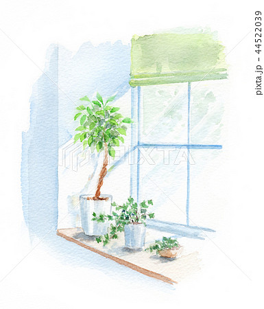 出窓 観葉植物 水彩画のイラスト素材