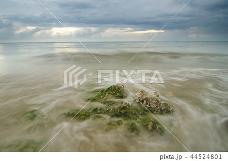 soft wave hitting the rock and moss 44524801