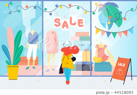 Sale. Girl looks at the clothes shop window. Woman standing near showcase in the mall. Discount Sale. Girl looks at the clothes shop window. Woman standing near showcase in the mall. Discount 44528005