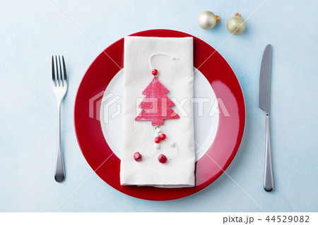 Christmas, New Year celebration place table setting. Copy space. Top view. 44529082