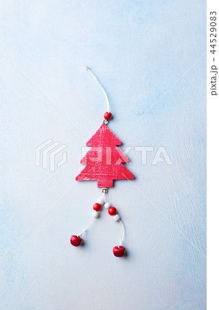 Christmas, New Year tree decoration on light blue background. Top view. Copy space. 44529083