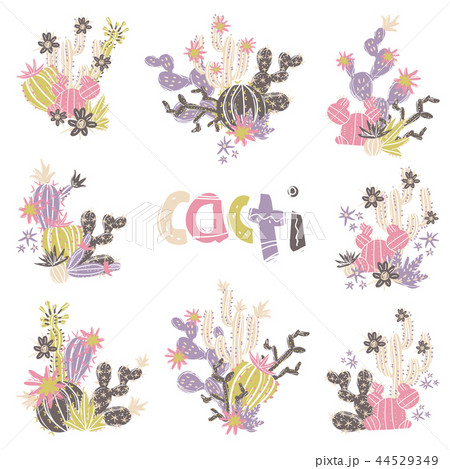 Collection of hand drawn cactus bouquets. Bright exotic succulen 44529349