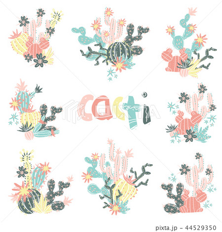 Collection of hand drawn cactus bouquets. Bright exotic succulen 44529350
