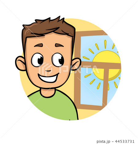 Little boy looking out the window at sunny weather. Flat design icon. Colorful flat vector Little boy looking out the window at sunny weather. Flat design icon. Colorful flat vector 44533731