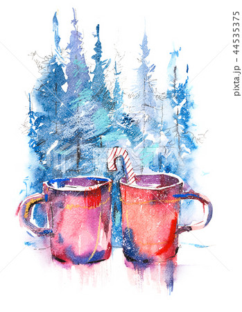 Winter still life cups of hot coffee on windowsill against snow landscape. 44535375