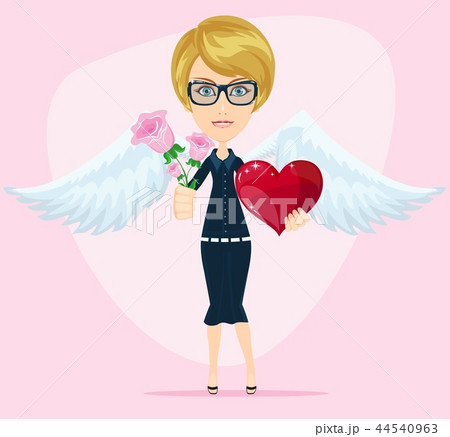 beautiful, cute angel girl with heart and flower . 44540963