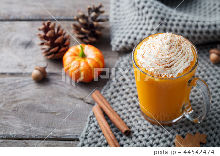 Pumpkin latte with spices. Boozy cocktail with whipped cream. Wooden background. Copy space. 44542474