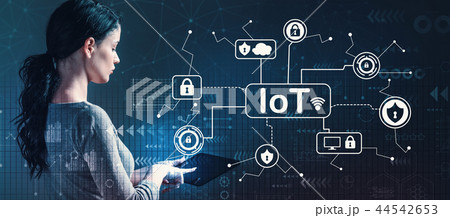 IoT security theme with woman using a tablet IoT security theme with woman using a tablet 44542653