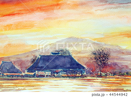 津軽の民家 岩手山 夕焼け 津軽平野 津軽の民家 岩手山 夕焼け 津軽平野 44544942