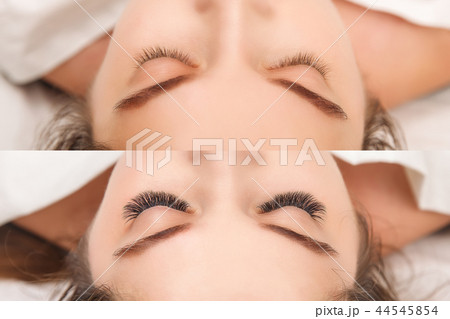 Eyelash Extension. Comparison of female eyes before and after. Eyelash Extension. Comparison of female eyes before and after. 44545854