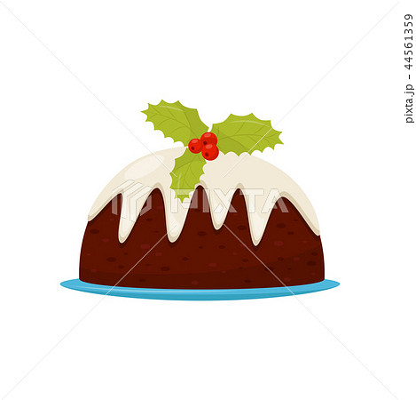 Traditional Christmas pudding with cream and red berries with green leaves. Delicious holiday 44561359