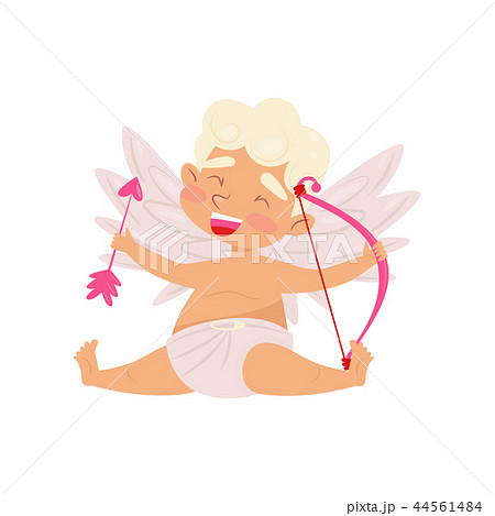Laughing angel sitting isolated on white background. Baby boy with little wings, pink bow and arrow 44561484