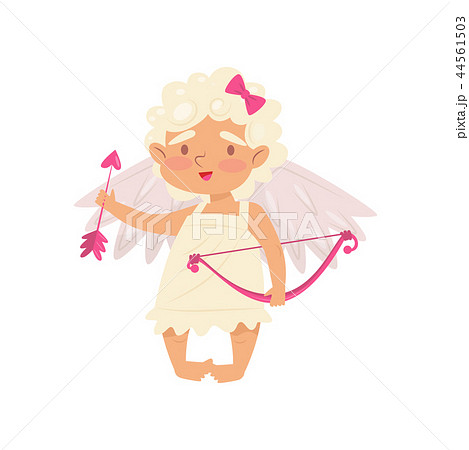Lovely little girl standing and holding with pink bow and arrow in hands. Angel of love. Cupid with 44561503