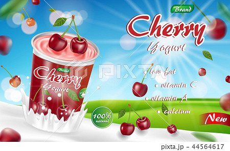 Cherry yogurt with splash isolated on bokeh background. Cream yogurt products package ad. 3d 44564617