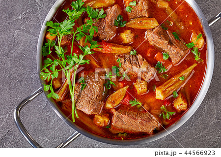 overhead view of hearty Beef and Okra Stew 44566923