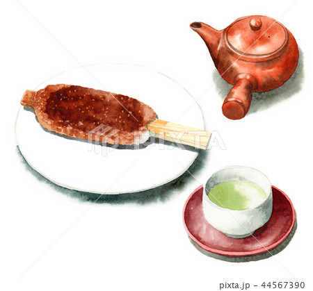 水彩で描いた五平餅と急須と日本茶 44567390