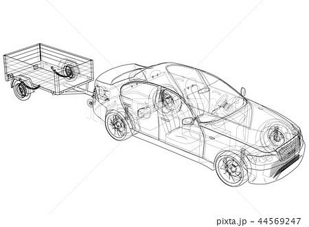 Sedan With Open Trailer Sketch Vectorのイラスト素材