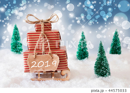 Christmas Sleigh On Blue Background, 2019 Christmas Sleigh On Blue Background, 2019 44575033