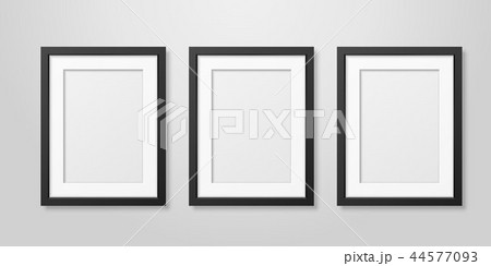 Three Vector Realistic Mofern Interior Black Blank Vertical A4 Wooden Poster Picture Frame Set 44577093