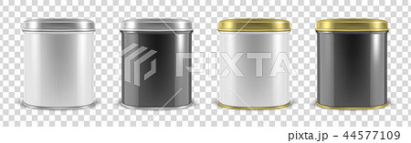 Vector realistic 3d white and black metal tin can container set closeup isolated on transparent 44577109