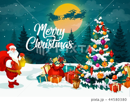 Santa near Christmas tree and gifts on snow 44580380