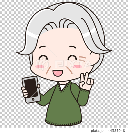 Senior man holding a smartphone and doing peace sign Senior man holding a smartphone and doing peace sign 44585048